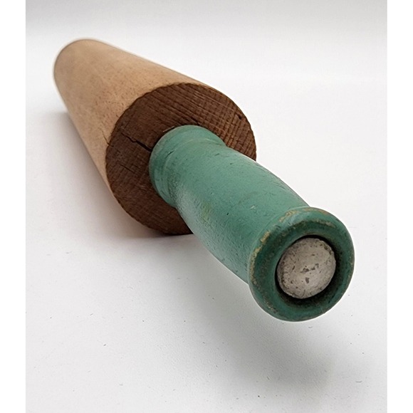 Vintage Wooden Rolling Pin Green Handles Baking Dough Pastry Kitchen Tool - Picture 3 of 7